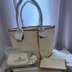 Lululemon Athletica Cream and Tan Tote Bag with matching handbag & airbud case